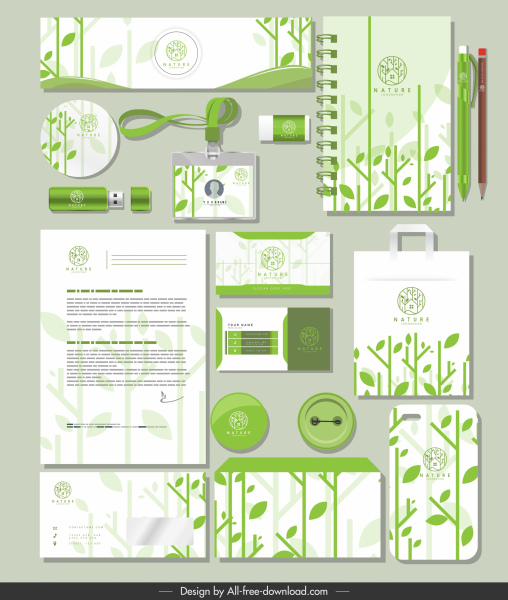 брендинг идентичности наборы зеленые листья декор плоский размыты
