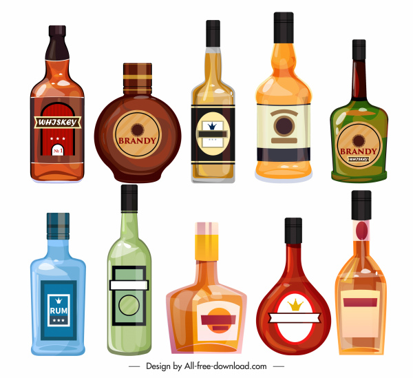 botellas de brandy iconos coloreado boceto plano