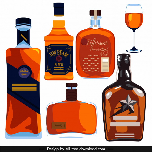elementos de diseño de vino de brandy planos botellas de vidrio boceto