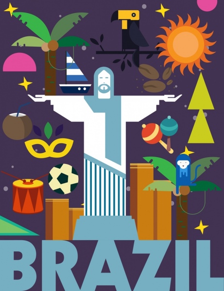 巴西广告背景五颜六色的平面图标装饰