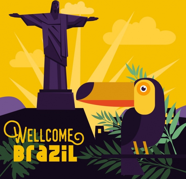 Brésil publicité bannière statue perroquet feuilles icônes décor