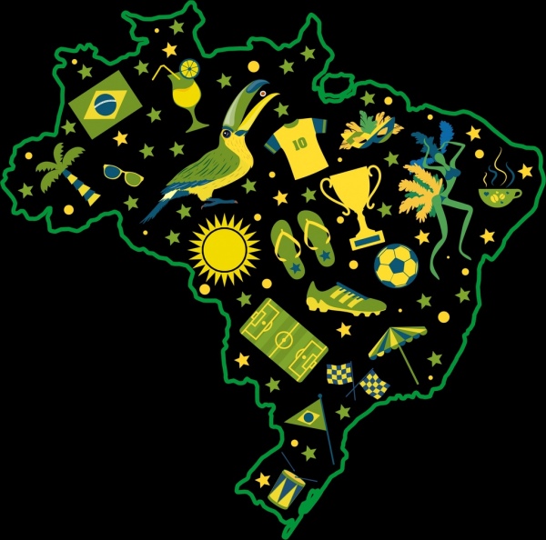 decori di simboli di Brasile sfondo verde giallo mappa