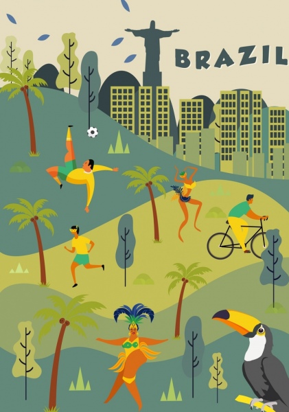 Бразилия фон пейзаж человек попугай классический дизайн иконок