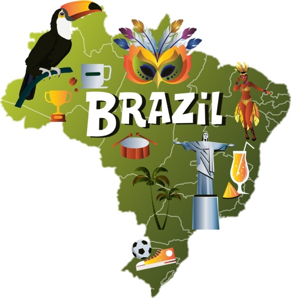 ícones de futebol do Brasil fundo mapa papagaio máscara estátua