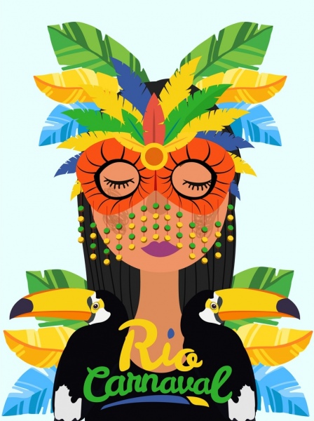 Brezilya Karnavalı Afiş Bayan Maskesi Papağan Simgeleri Dekor