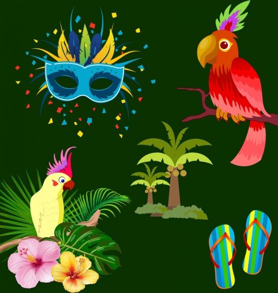 Brasil design elementos máscara papagaio coco chinelos ícones