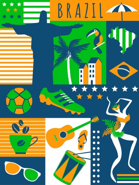 Бразилия элементы дизайна разноцветные плоские иконки декор