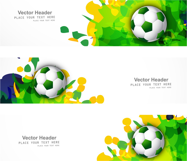 Brasilien Flagge Farben drei Header set Splash Grunge Fußball Kugel weißem Hintergrund Vektor