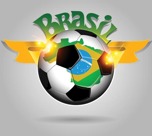 Bandeira do Brasil sobre futebol com tipografia no vetor de fundo cinza