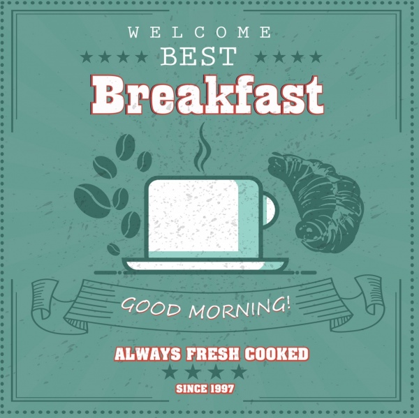 Taza de café de desayuno anuncio pan iconos de diseño retro