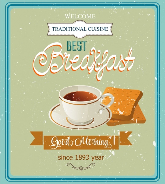 아침 식사 광고 컵 빵 아이콘 복고풍 디자인