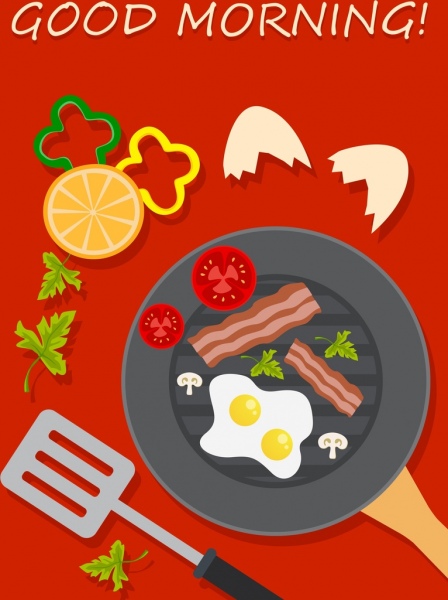 Завтрак рекламы посуда яйцо бекон овощной иконки
