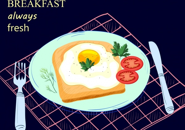 publicidade de pequeno-almoço frito ovo louça ícones da decoração