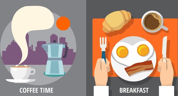Śniadanie i kawę czas projektowania z kolorowymi symbolami