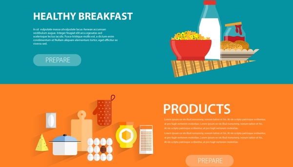bandeiras de preparação de café da manhã e refeição com estilo de página da Web
