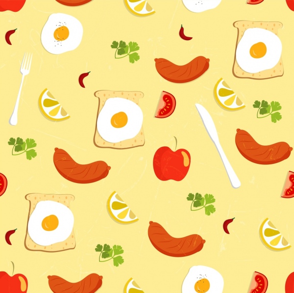 Desayuno huevo salchicha tomate limón iconos de Apple de fondo