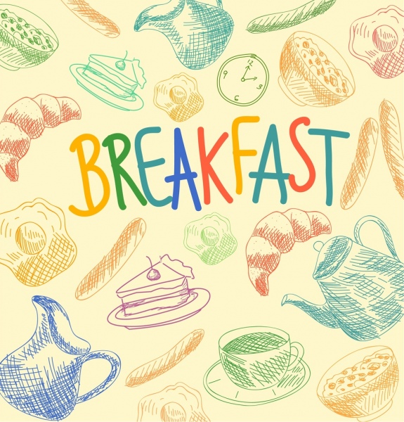 Завтрак фон Handdrawn декором различных разноцветные значки-Векторные иконки-свободный вектор Скачать бесплатно