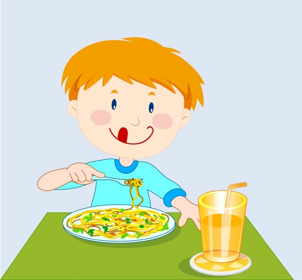 朝食の背景の小さな少年楽しんで食べ物漫画デザイン