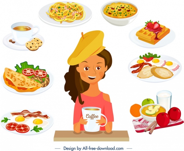 Frühstück Hintergrund junges Mädchen Küchen Symbole Dekor