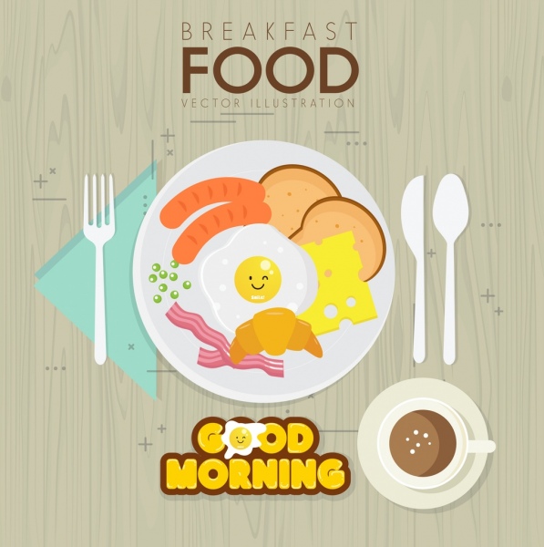 le petit - déjeuner bannière fast - food d'icônes dessin plat vaisselle