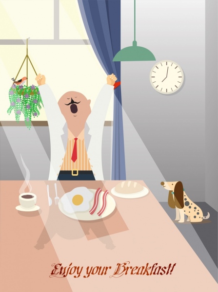Desayuno banner enorme hombre casa interiores diseño de dibujos animados