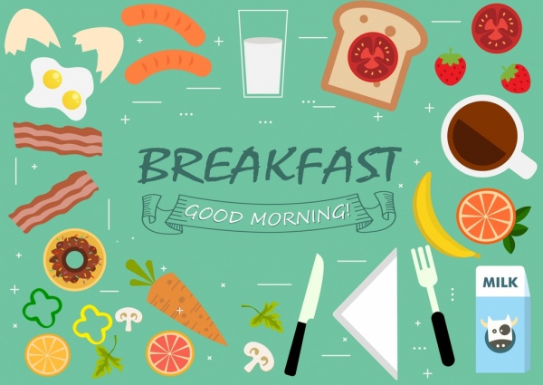 Завтрак дизайн элементы пищи посуда иконы плоская конструкция
