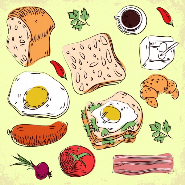 Frühstück Design-Elemente, die verschiedene farbige Symbole handgezeichneten Gliederung