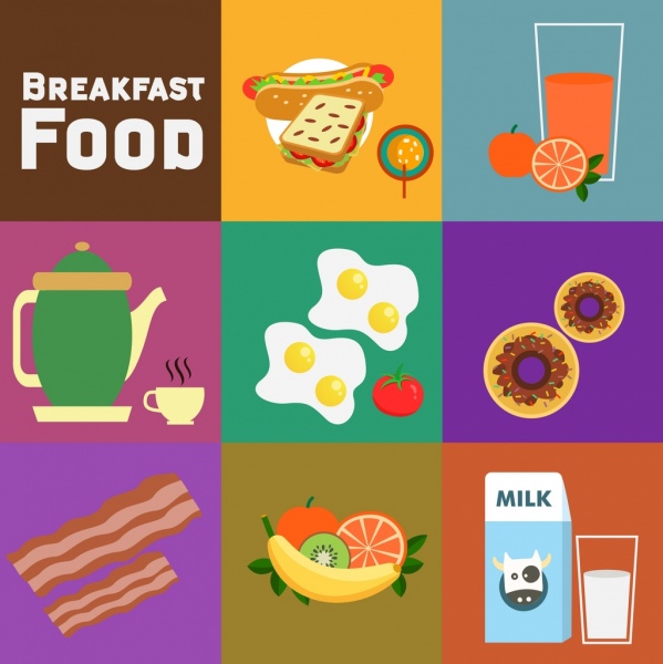 Frühstück Design Elemente, die verschiedene farbige Symbole flaches design
