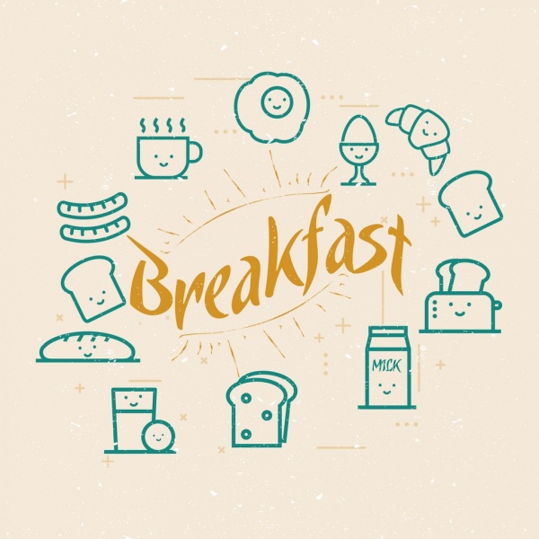 朝食デザイン要素をさまざまな食べ物アイコン フラット スケッチします。