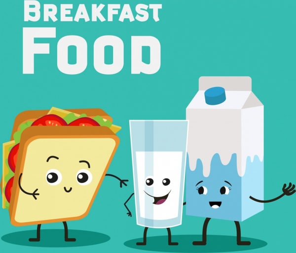 早餐食品廣告三明治牛奶圖示程式化設計