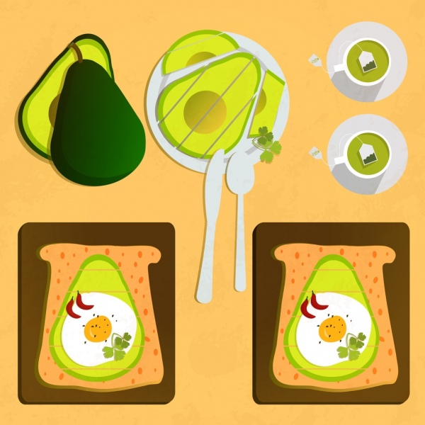 colazione pasto tema avocado uovo tè icone decorazione
