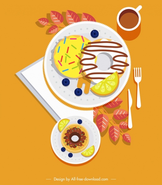 café da manhã pintura colorida comida louça ícones decoração