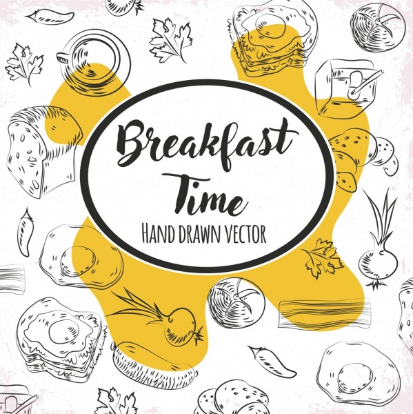La hora del desayuno banner iconos de alimentos handdrawn sketch