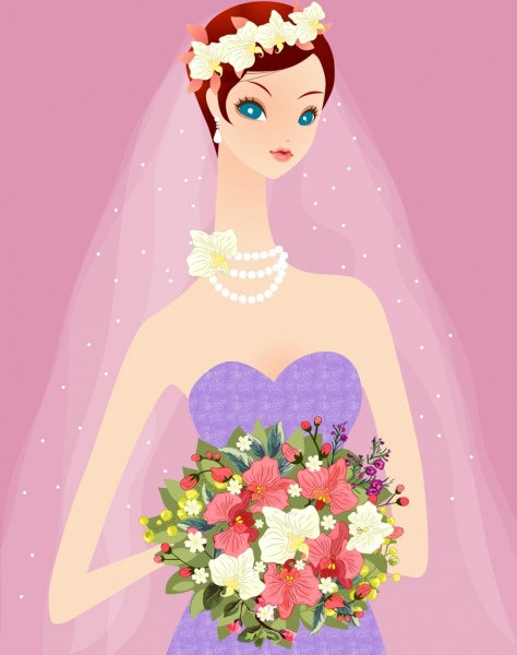Braut hält Blumen Blumenstrauß Zeichnung niedlichen Cartoon-design