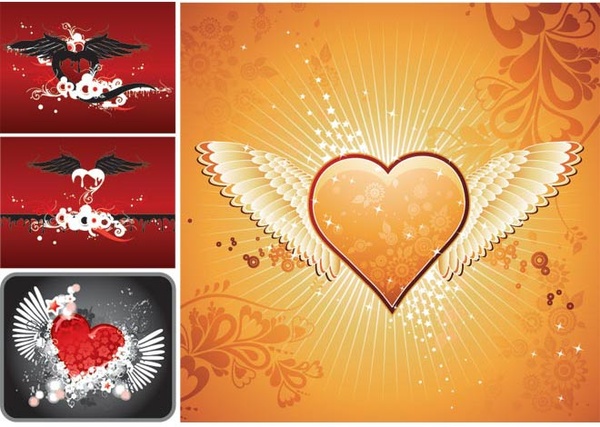 leuchtend rote und gelbe Herz Engel Flügel Fantasy Valentinstag Vektor