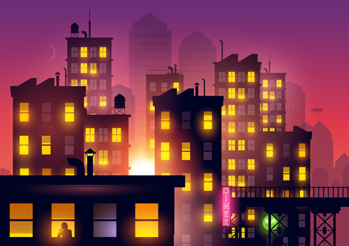 Brightly lit Midnight City vector background