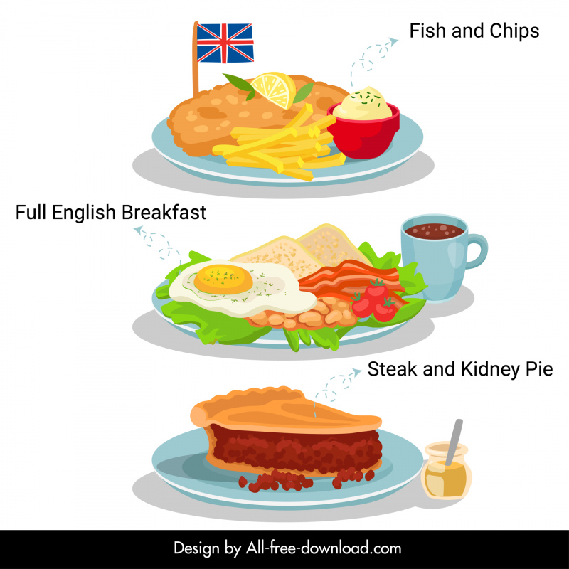 Iconos de la cocina británica colorido boceto clásico