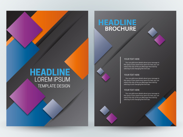design de brochura com quadrados coloridos e fundo escuro