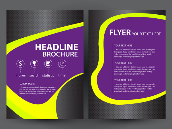 Desain brosur brosur dengan latar belakang ungu gelap