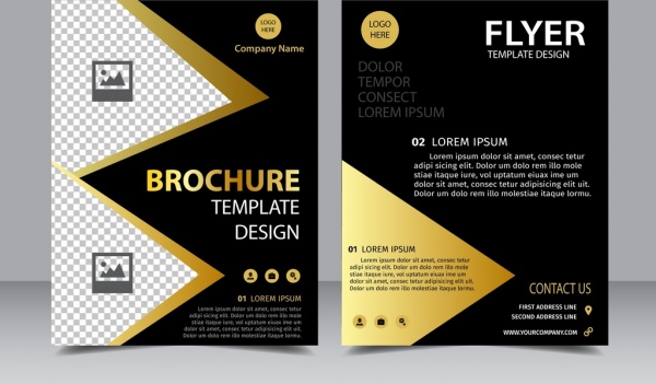 brosur flyer template dekorasi gelap emas kontras gaya