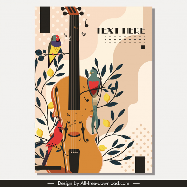 шаблон птиц Флора гитары иконы ретро дизайн брошюры