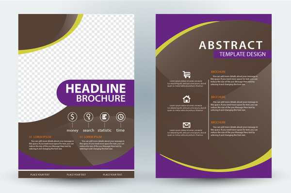 brosur desain template dengan latar belakang ungu dan kotak-kotak