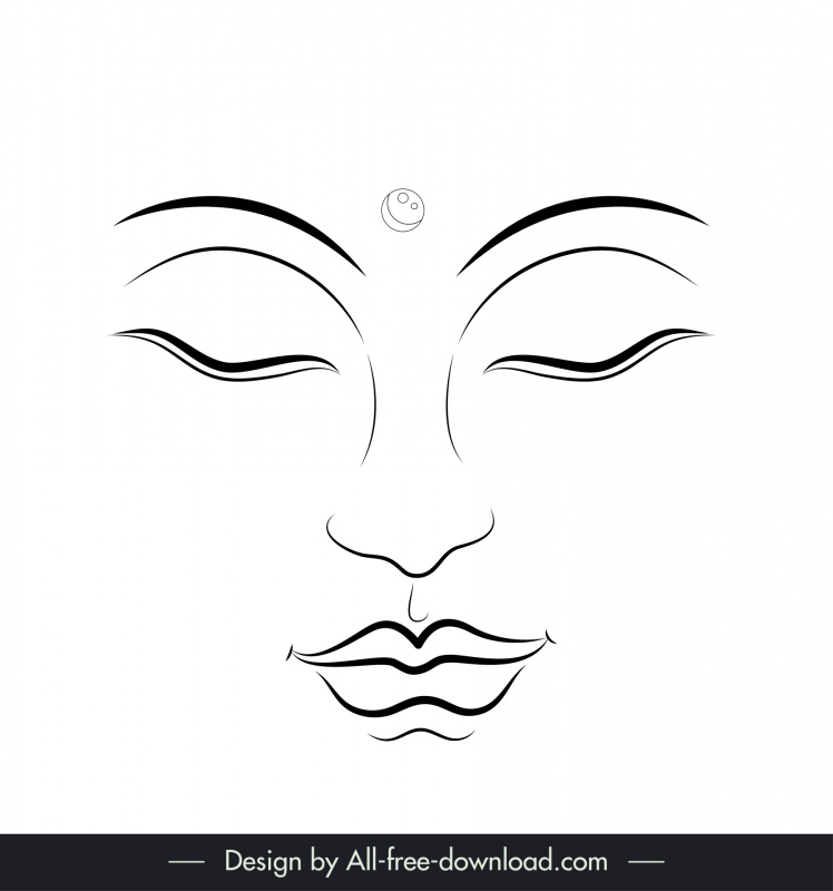 Ikon wajah Buddha garis putih hitam yang digambar tangan datar