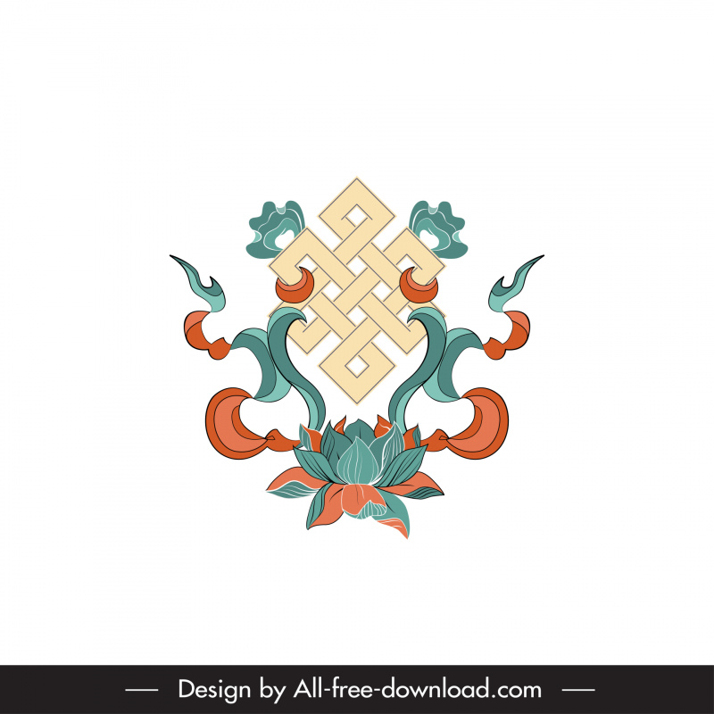 ikon simbol Buddhisme dekorasi pita lotus desain simetris