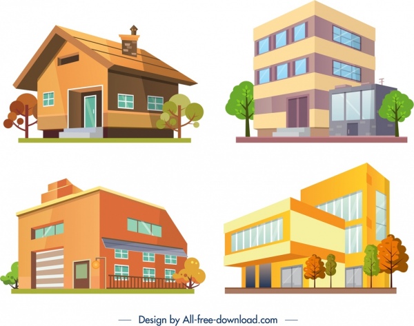 icônes d'architecture de bâtiment colorées conception 3d moderne
