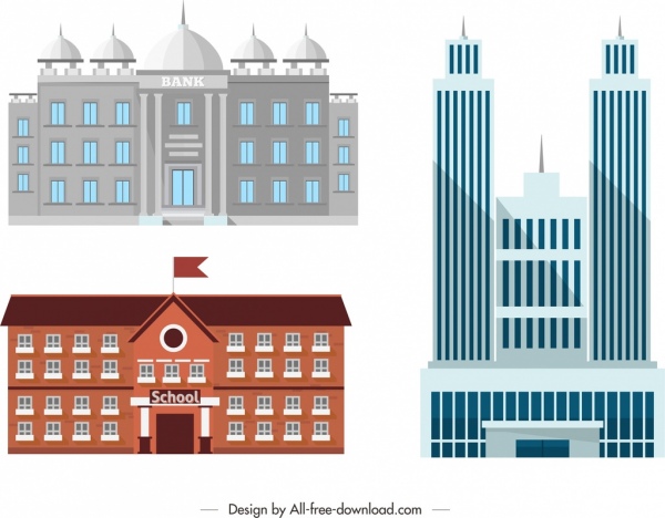 edificio iconos de arquitectura frontal coloreado diseño moderno