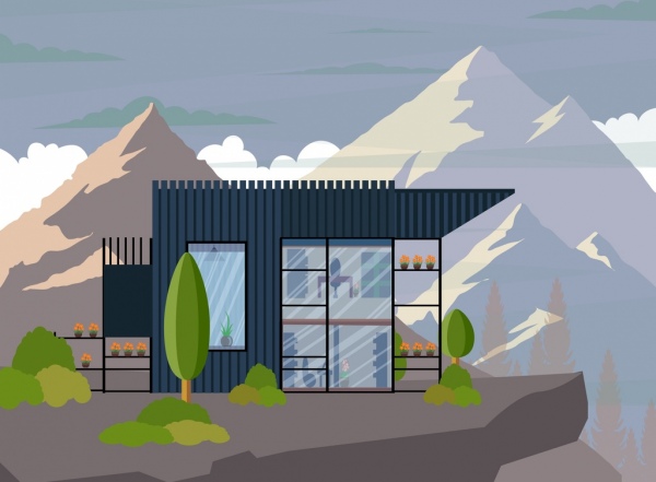 Buildings Exterior Drawing Mountain Scene Icon Colored Design