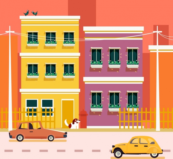 conception graphique du cartoon coloré façade d’immeubles