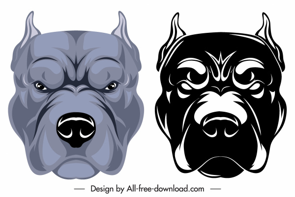 iconos de cabeza de bulldog coloreado negro blanco boceto