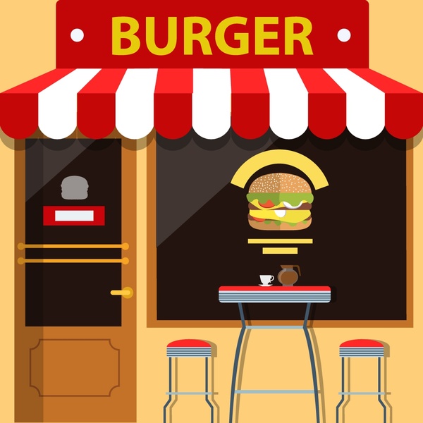 hambúrguer armazenar design de fachada com comida na janela